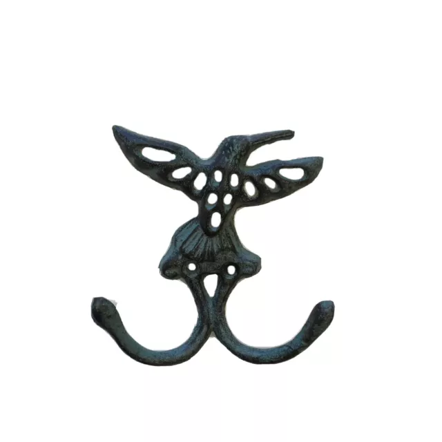 Cast Iron Hummingbird Wall 2 Hook Key Towel Coat Hanger Antique Weathered Green