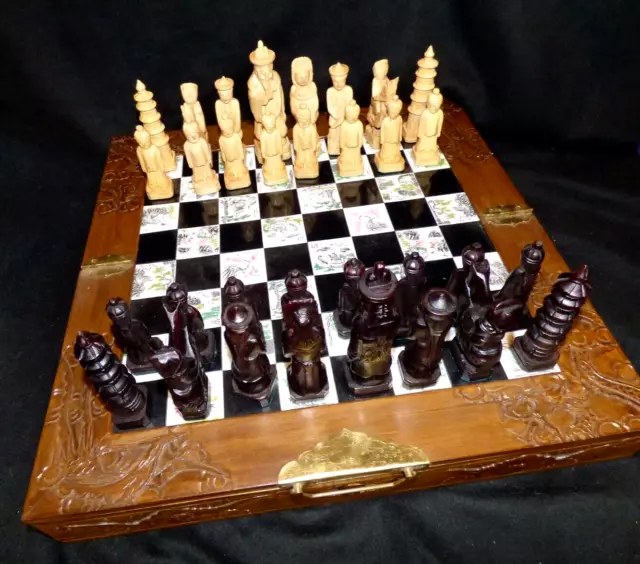 Vintage Oriental Carved Wood Chess Set with Tiled Board & Storage Drawers