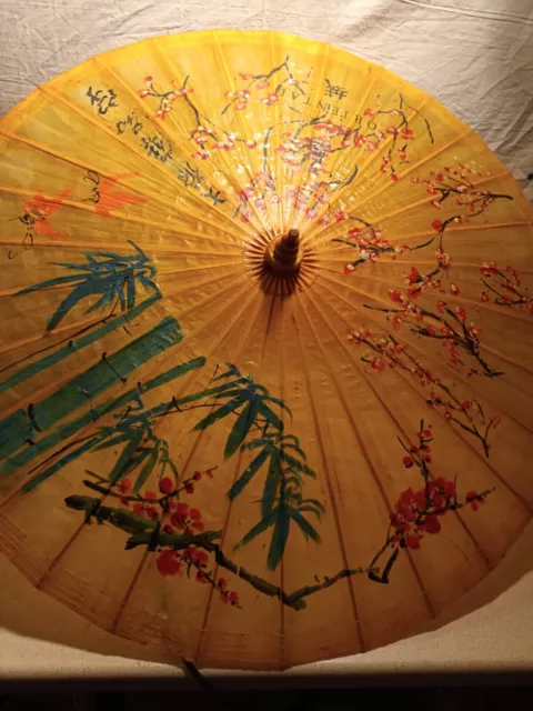 Vintage Parasol Hand Made Umbrella Rice Paper Bamboo Oriental Japanese Painted