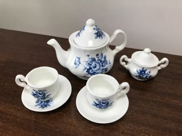 Miniature Tea Set For Two Bone China: Lidded Teapot & Sugarpot, 2X Cup & Saucers