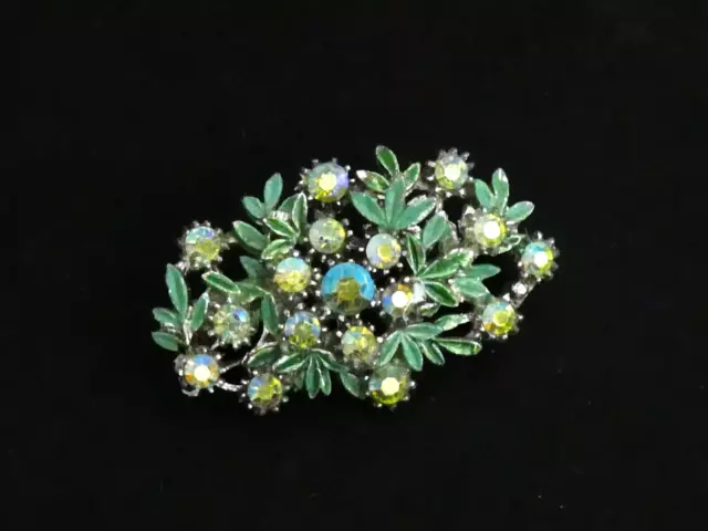 VINTAGE Small Silvertone Green enamel & Green/Gold A/B Rhinestone Floral BROOCH