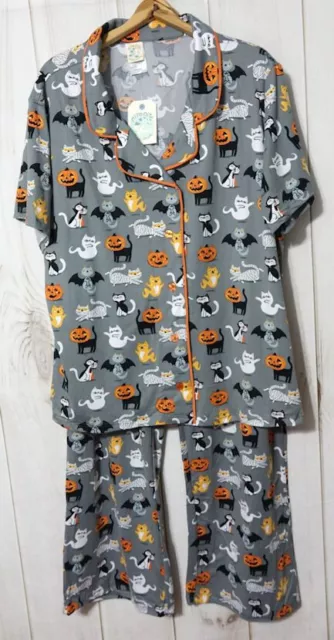 Nite Nite by Munki Munki Grey Cat Halloween Pajama Set Women's 3X Soft Comfy NEW