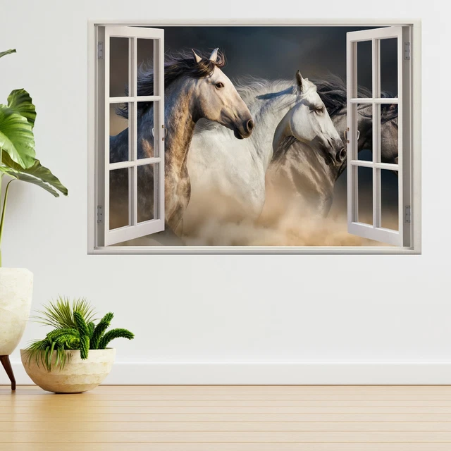 Horses Run Gallop In Desert Dust 3d Window View Wall Sticker Poster Decal A608