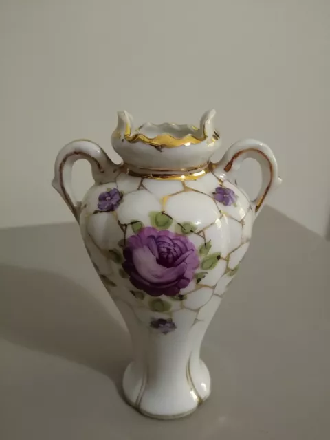 VTG 5" Porcelain Double Handled Vase/Urn White with Gold trim, Purple Rose!