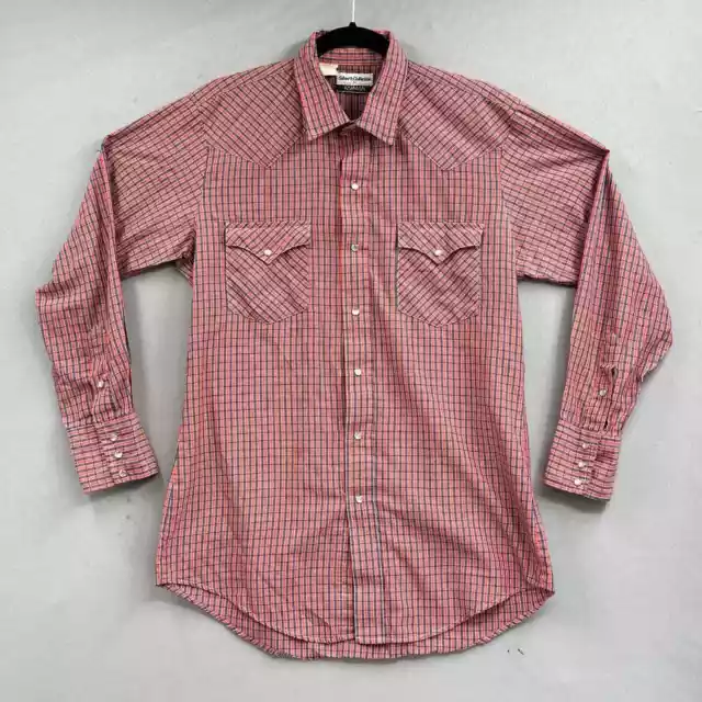 VTG Karman Pearl Snap Western Shirt Mens Sz M Red Blue Plaid Cowboy Rockabilly