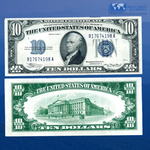 1934A $10 Ten Dollars Silver Certificate Blue Seal, VF+ Condition #74198