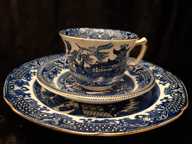 Set of Burleigh Ware Blue Willow Tea Trio of Cup Saucer and Large Plate England