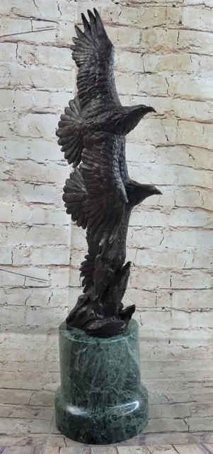 Très Grand Original Deux Flying Aigle Bronze Sculpture Statue Marbre Art 3