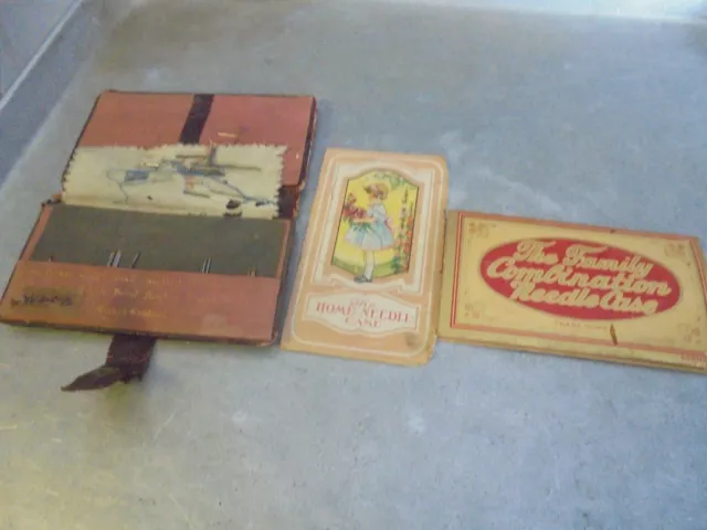 Vintage Leather Needle case and two cardboard needle cases