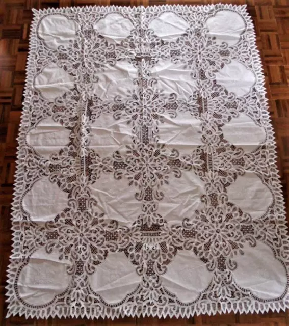 White Cotton & Lace Embroidered Floral battenburg Tablecloth 210cm x 165cm
