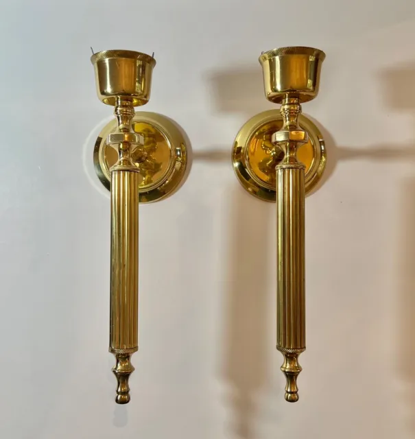 2 Vintage Lacquered BRASS Candle Stick Holders Wall Sconces 11.5" H Ribbed Pair