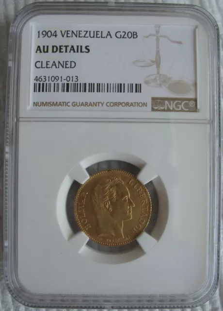 Venezuela 1904 Gold 20 Bolivares NGC AU-Details