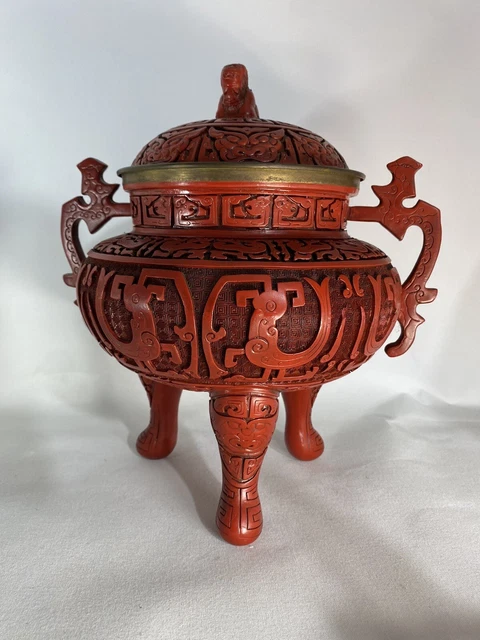 Large Chinese 12” Cinnabar 2 Handle Censor Urn Wood Base Foo Dog Finial Real