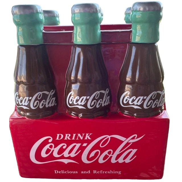 Vintage Coca-Cola Co. Red/White 6-pk. Bottles Cookie Jar w/Lid 8" (USED)
