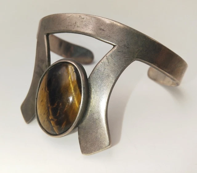 Bracelet Vintage Argent 925 Avec œil De Tigre - Sculpture Ancienne Du Mexique
