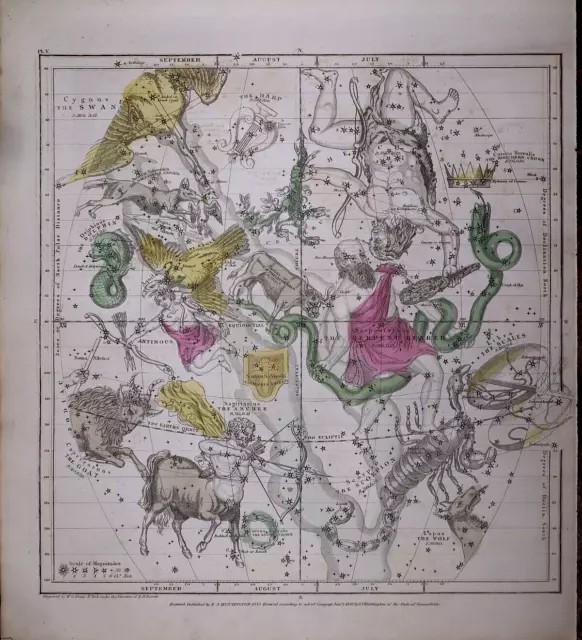 1835 BURRITT - MAP of the HEAVENS - SCORPIO SAGITTARIUS LIBRA / JULY, AUG, SEPT
