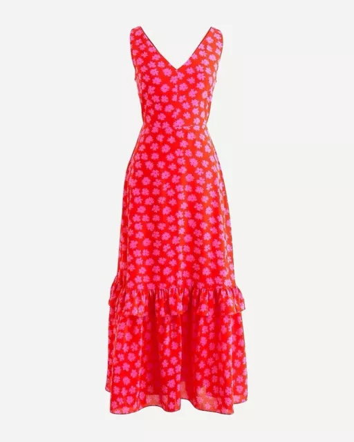 J. Crew V-neck midi dress in printed silk (Sz 14) Pink & Red Floral