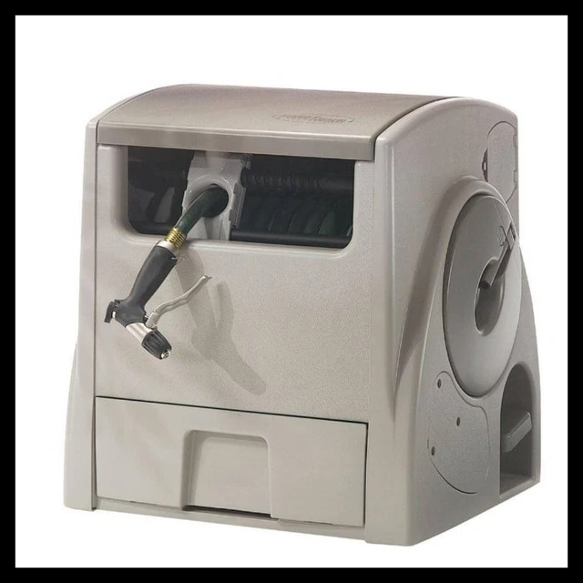 Suncast 100 Ft. Powerwind Auto Power Rewind Hose Reel, Light Taupe