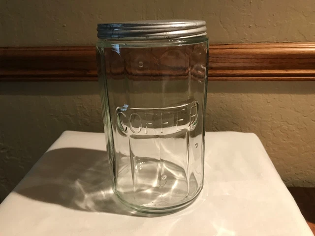 HOOSIER CABINET COLONIAL COFFEE JAR W/LID Raised Script 7" Original 12 panels