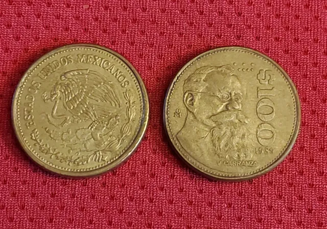 1989 $100 Pesos Mexico Coin LOT of 2 Venustiano Carranza Garza Aluminium Bronze