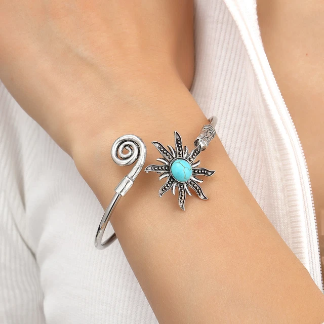 Women Tibetan 925 Silver Turquoise Open Bangle Cuff Bracelet Wedding Jewelry