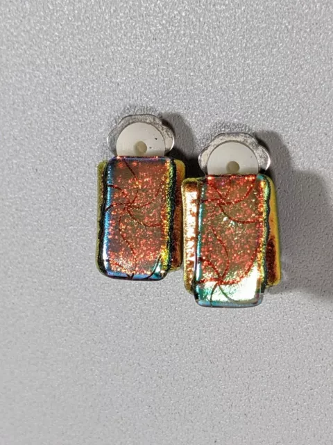 Artisan Orange Green Dichroic Glass Rectangle Stud Clip On Earrings