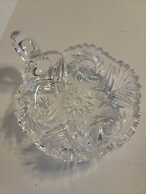 Antique American Brilliant Cut Glass Handled Nappy Bowl Candy Dish 7 3/4”H