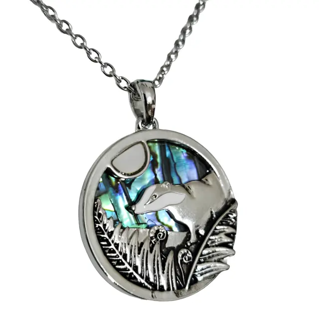 Badger Moon Necklace Pendant Abalone Mother of Pearl And Enamel Chain Boxed