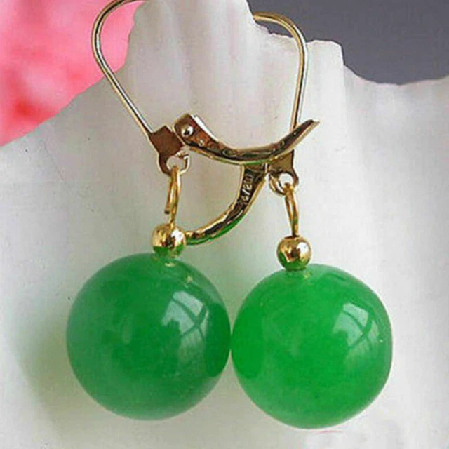 12mm Natural Green round jade beads 14K gold earrings CARNIVAL Ear stud Hook