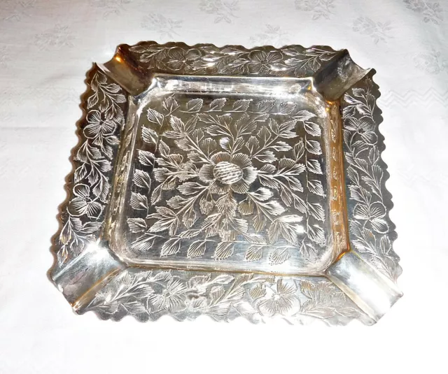 Made In British India Silver Engravered Ashtray Or Pin Tray Pre 1947 Vintage