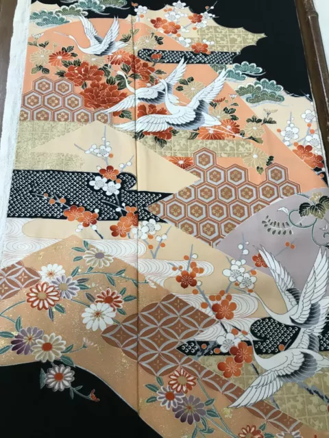 @@ Japanese kimono silk fabric/ tomesode black/ cranes, plum blossom AP04
