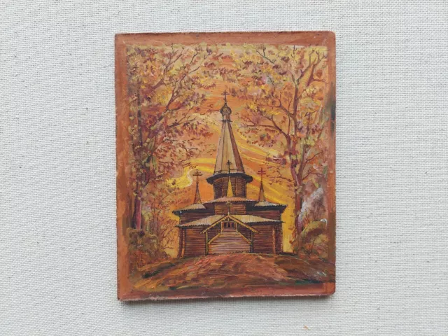 Old wooden Church of the Holy Mother of God. Autumn landscape oil painting