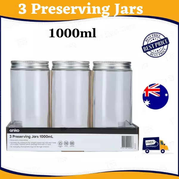 3 Pcs Canning Jars 1000ml Mason Jar Empty Glass Spice Preserve Bottles Storage