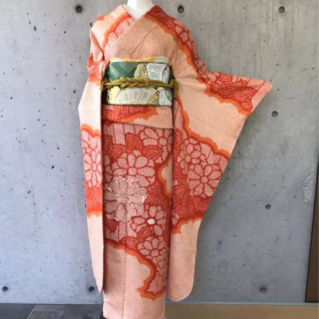 Japanese Pure Silk Long-sleeved Shibori Kimono Furisode 169cm Floral Orange
