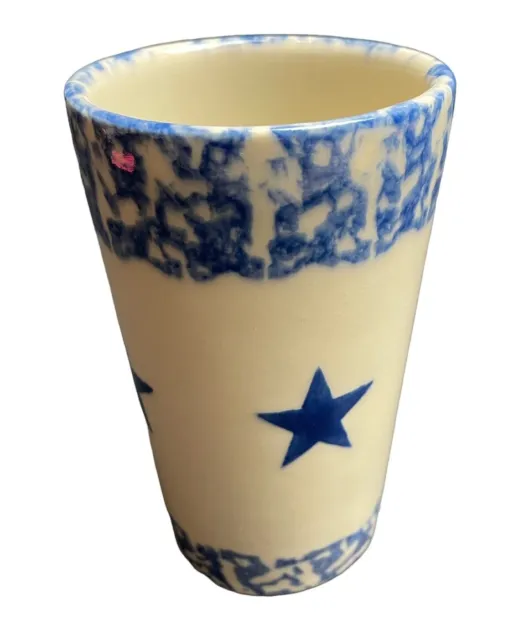 Vintage Roseville Pottery Henn Workshops Blue SpongeWare With Stars Cup MINT