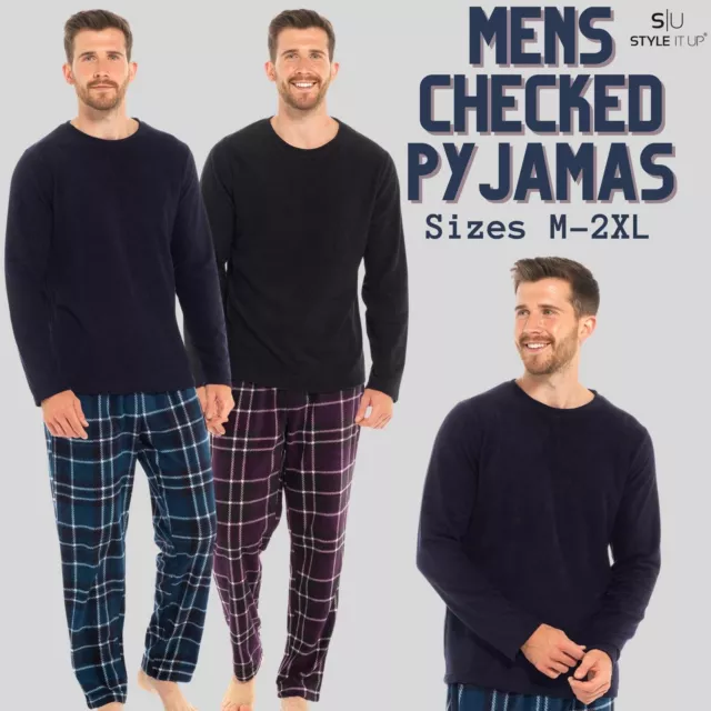 Mens Warm Cosy Check Fleece Loungewear Winter PJ Super Soft Pyjama Luxury Set