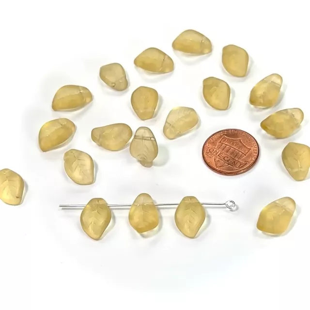 Czech Druk Glass Beads, Small Wavy Leaf Top Hole, 15x10mm, Lt.Topaz Matted 20pcs