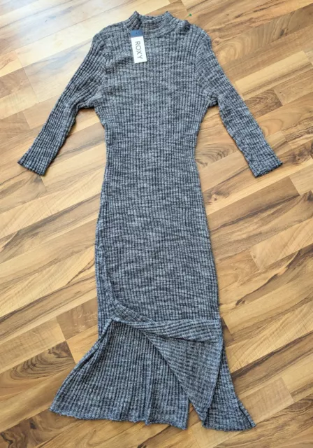 Roxy Sweater Dress Womens L Heather Gray  Long Sleeve Rib Knit Casual Form Fit