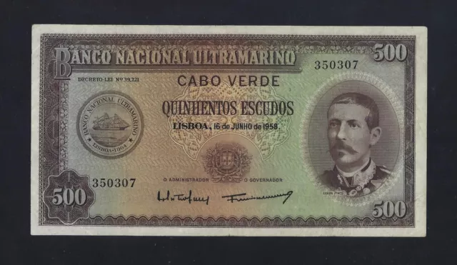Portugal Portuguese Cape Verde 500 escudos 1958 P-50 VF++ RARE SIGNATURE