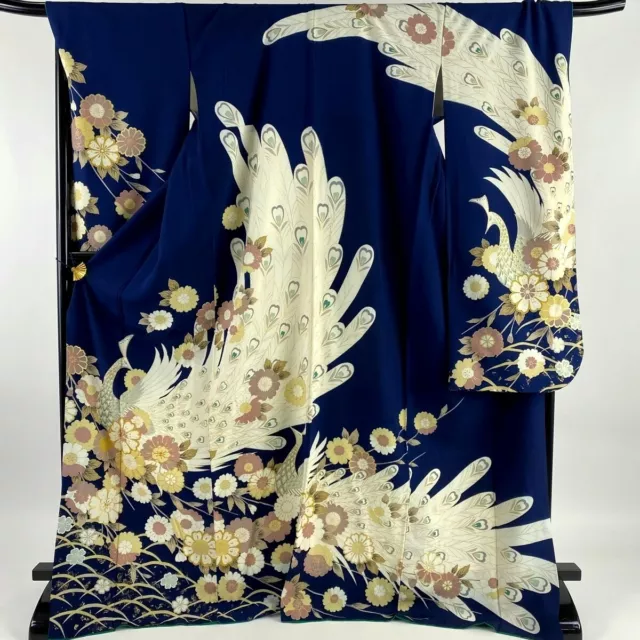 Japanese kimono SILK"FURISODE" long sleeves,Peacocs, Gold thread/leaf,5' 8".3319