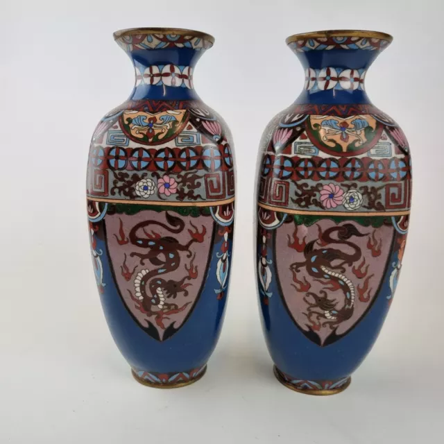 Antique Pair Japanese Cloisonne Vases Early 20th Century Damaged 24cm High