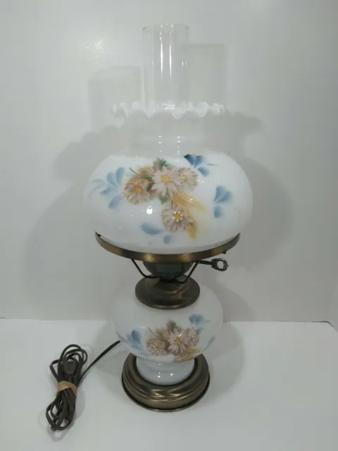 Vintage Large Milk Glass Hurricane Lamp Shade Ruffled Top Hand Painted Flowers