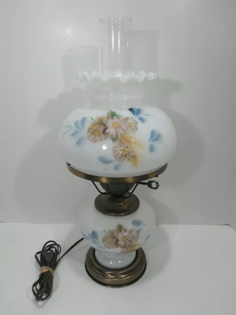 Vintage Large Milk Glass Hurricane Lamp Shade Ruffled Top Hand Painted Flowers