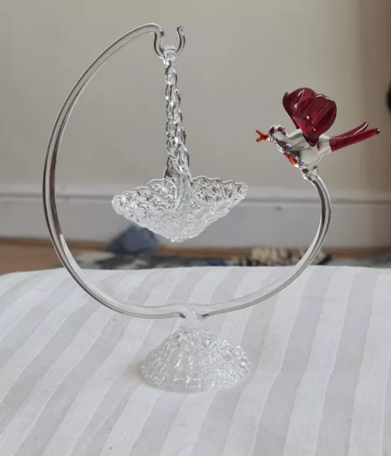 Vintage Red Glass Bird and Basket, Spun Glass Art Glass