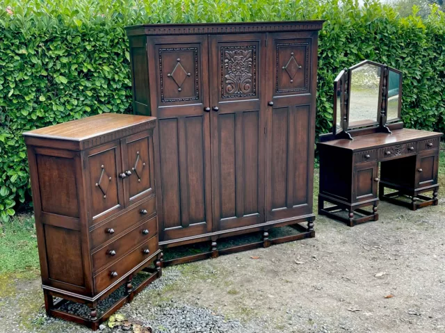 Rare Arts And Crafts Carved  Solid Oak 3 Piece Bedroom Suite  We Deliver