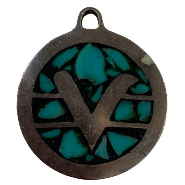 Turquoise Chip Inlay & Sterling Silver Vintage Necklace Round Southwest Pendant