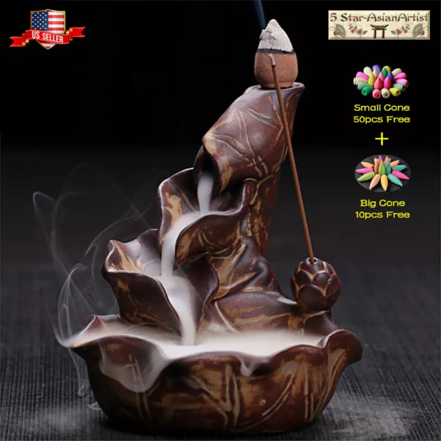 Ceramic Backflow Incense Burner Holder Lotus Waterfall & Incense Cones Gift