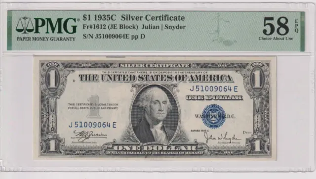 Fr 1612 1935C $1 SC J51009064E PMG 58EPQ CH AU 1935-C Silver Certificate