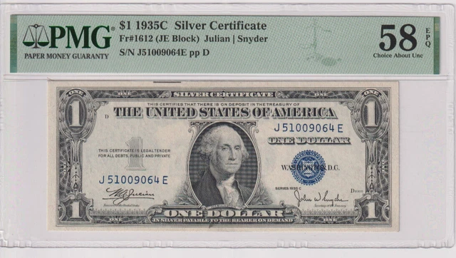 Fr 1612 1935C $1 SC J51009064E PMG 58EPQ CH AU 1935-C Silver Certificate