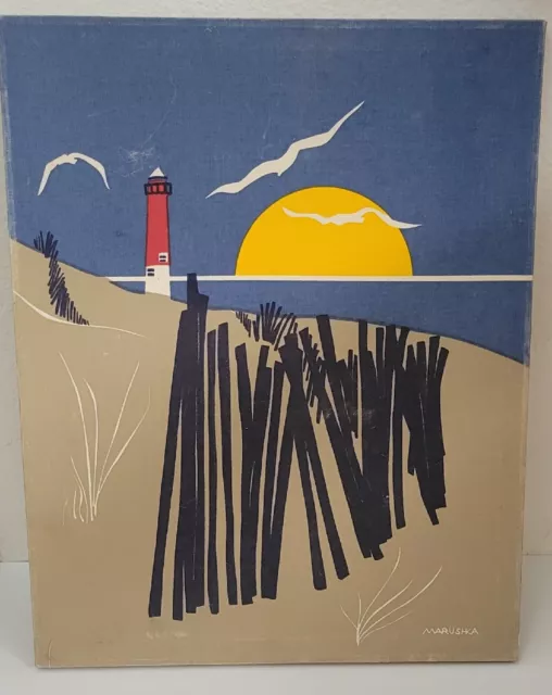 Vintage Print Marushka Lighthouse Beach Mid Century MCM 16 X 20" As/Is